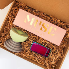 Load image into Gallery viewer, Gift box with an incense holder, box of incense, and an electric lighter on a light background