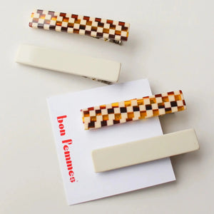 Femmes Hair Clip Set | Brown Checkered + Cream