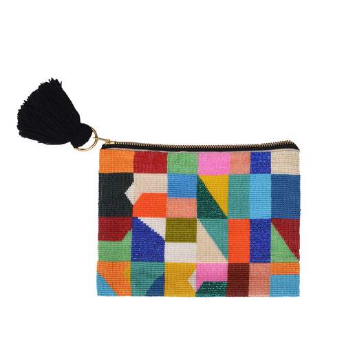 geometric patterned hand-beaded zippered clutch