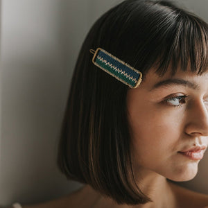 blue and green beaded barrette 
